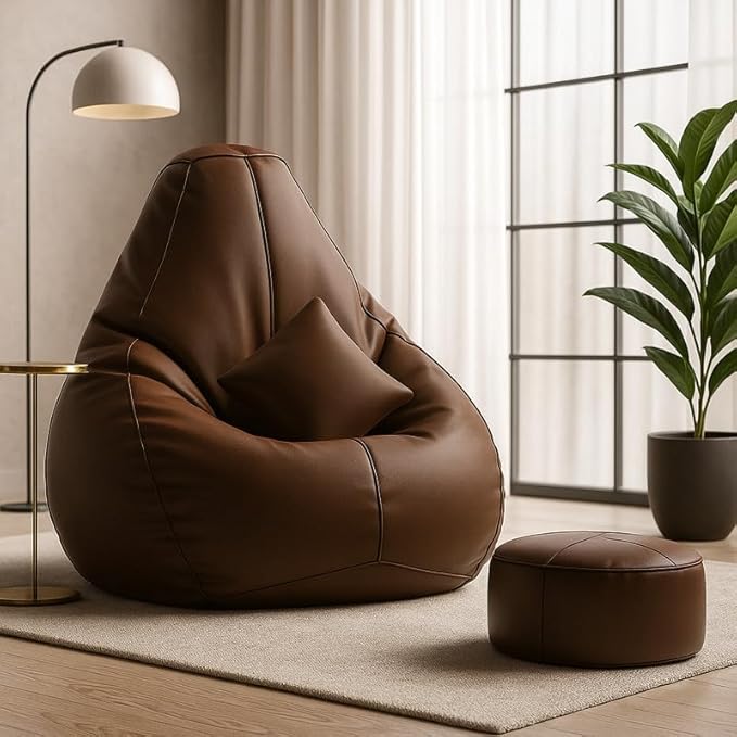 Biggie Bean Bag with Beans Filled 5XL The Evergreen Classics Bean Bag-Crafted for Comfort-Styled for Elegance with Free Cushion & Footrest (Matching Color : Leatherette Brown)